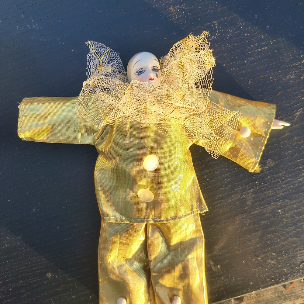 Vintage Pierrot French Harlequin Mime Doll 6" Hand Painted Face & Shoes